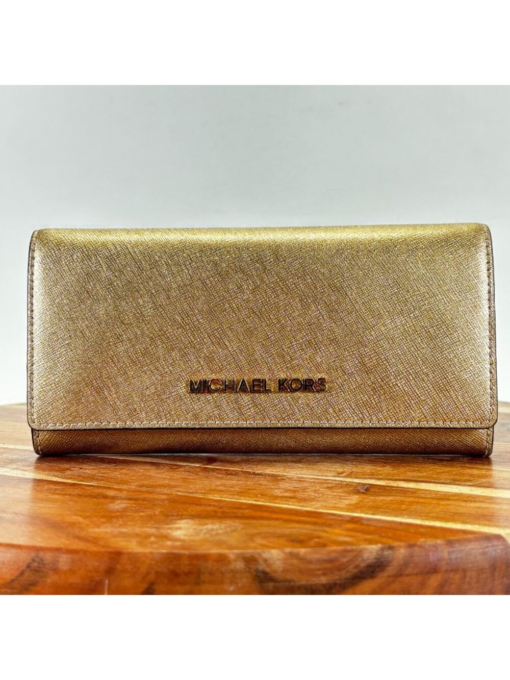 Michael Kors Metallic Gold Saffiano Leather Wallet w Multiple Card Slots